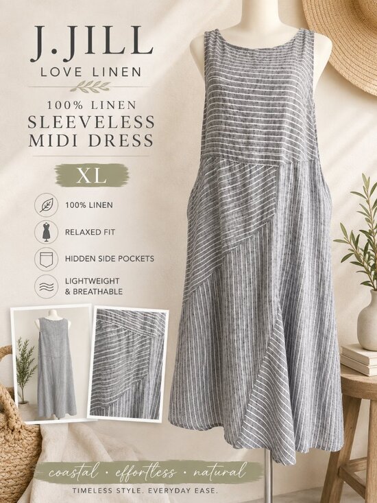 J. Jill Dresses & Skirts - J Jill Love Linen Gray White Striped Midi Dress XL Pockets Coastal